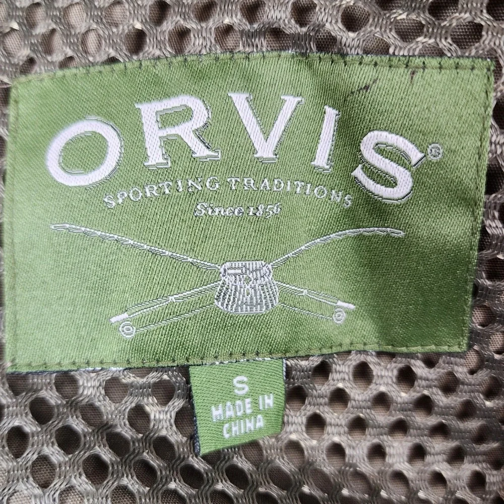 Orvis Mens Fly Fishing Vest Khaki Tan Mesh‎ Back Multi-Pocket Utility Size S